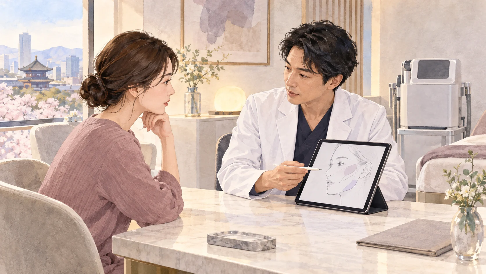 가상의 일본 미용의료 상담실에서 의료진과 방문객이 얼굴 도식을 보며 상담하는 일러스트